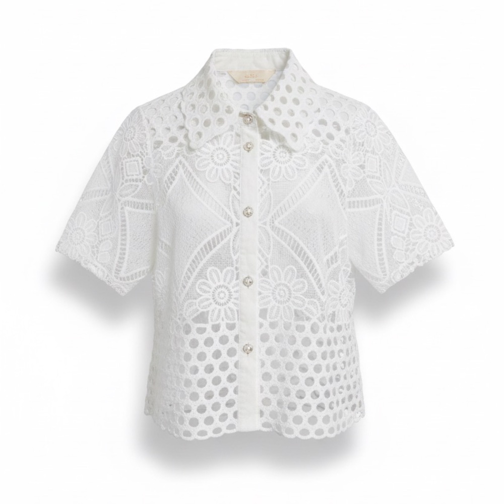White Eyelet Lace Short-Sleeve Blouse